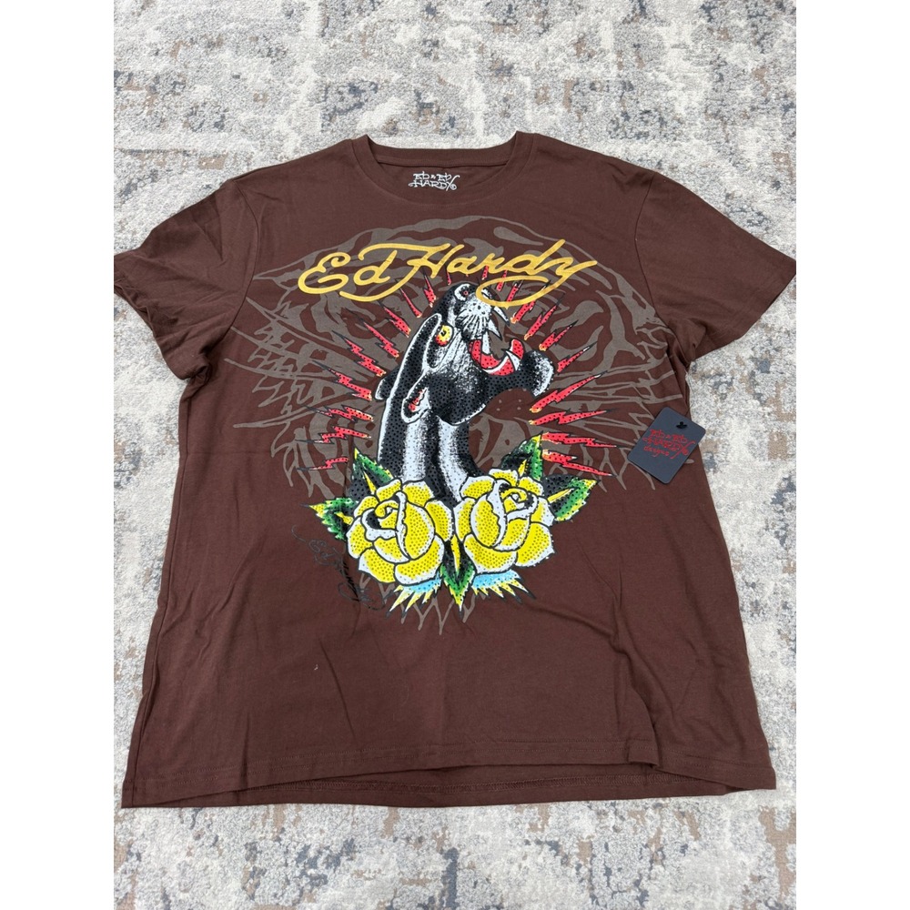 Ed Hardy Mens Panther Rose Rhinestone Graphic T-Shirt Cocoa EHMB1100-49RS L‎